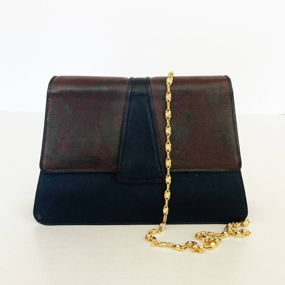 Valentino Garavani Handbags - VALENTINO Garavani Vintage Black Satin Shoulder Clutch Crystal Gold Chain COA